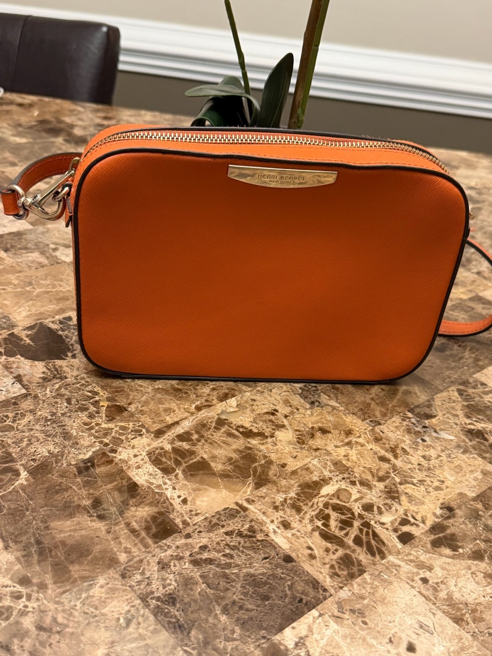 Henri Bendel Orange Saffiano Leather Crossbody Camera Bag